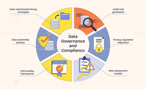 Data governance and compliance diagram highlights key concepts like data retention, audit trails, and GDPR. Neubrutalism style diagram.