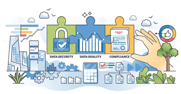 Data governance solutions with security and compliance outline hands concept