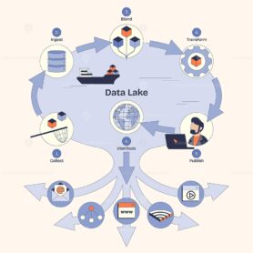 Data Lake diagram shows data flow, collect, ingest, blend. Neubrutalism style diagram