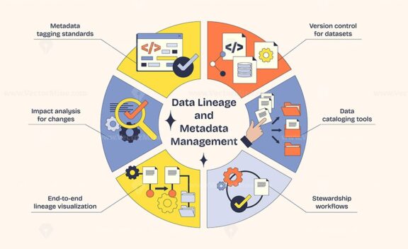 Data lineage and metadata management depicted with icons for tagging, impact analysis, and cataloging in a Neubrutalism style diagram.