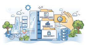 Data management with compliance, quality and security outline hands concept