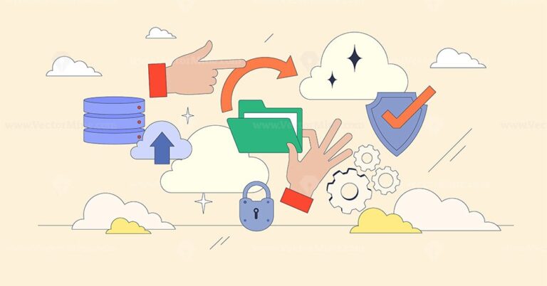 Data migration and file upload to cloud tiny person neubrutalism concept