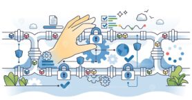 Data pipeline security with information protection outline hands concept