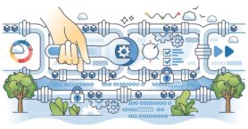 Data pipeline tools for information flow automation outline hands concept