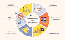 Data Profiling and Assessment diagram shows key concepts like anomaly detection, data validation, and accuracy metrics. Neubrutalism style diagram.