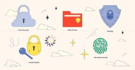 Neubrutalism style collection image showcasing data protection with icons of cloud security, data privacy, and biometric security.