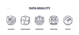 Data quality is depicted through icons of a target, puzzle, scales, hourglass, and checklist. Outline icons set.