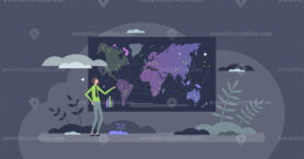 Data visualization or information on global worldwide map tiny person concept