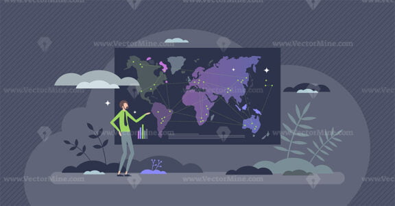 Data visualization or information on global worldwide map tiny person concept