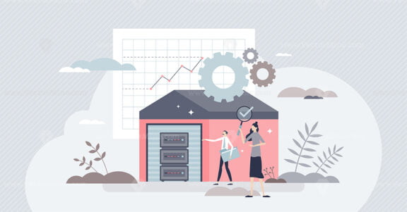 Data warehouse with file server storage for big database tiny person concept
