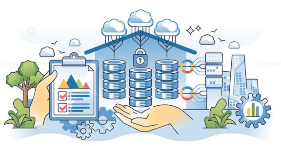 Data warehousing and information storage management outline hands concept