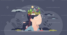 Daydreaming as thoughts and fantasy about future plans tiny person concept