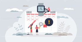 Deadline calendar and schedule for time management tiny person concept