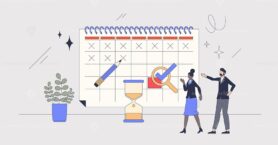 Deadline calendar and meeting schedule or planning retro tiny person concept