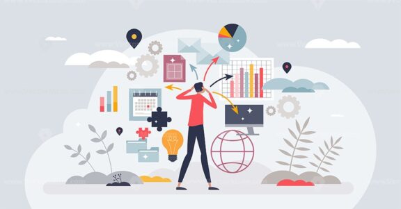 Decision exhaustion and various options choice fatigue tiny person concept