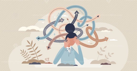 Decision fatigue and tired female with confusion struggle tiny person concept