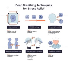 Deep breathing techniques for stress relief are illustrated with human figures, arrows, and timing icons to show each method step. Doodle style diagram