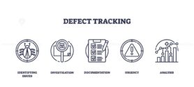 Outline icons set depicting defect tracking with symbols for identifying issues, investigation, documentation, urgency, and analysis.