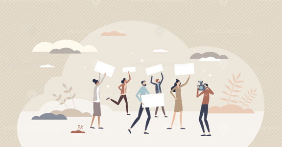 Democracy movement and protest event with citizen opinion tiny person concept