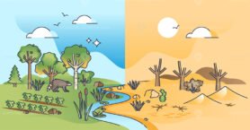 Desertification process as climate change to hot and dry soil outline concept