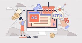 Digital advertising and marketing campaign tiny person neubrutalism concept