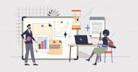 Digital analytics and business data analysis retro tiny person concept