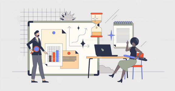Digital analytics and business data analysis retro tiny person concept