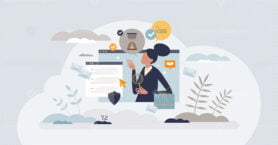 Digital business woman with female online presentation tiny person concept