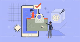 Digital communication era and email messaging retro tiny person concept