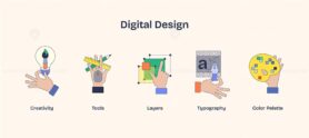 Digital design showcases creativity, tools, and layers with hands. Neubrutalism hands concept.
