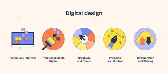 Digital design icons show technology, creativity, and collaboration with bold colors and geometric shapes. Neubrutalism style