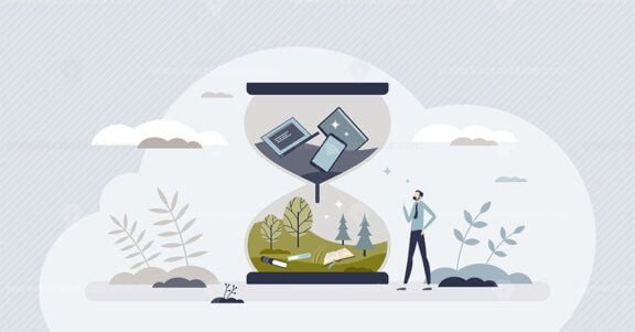 Digital detox and escape from technology to nature tiny person concept