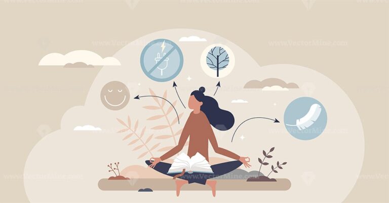 Digital detox emphasizes inner peace with meditation, nature, and mindfulness symbols. Tiny style