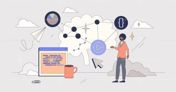 Digital learning tools and programming tiny person neubrutalism concept