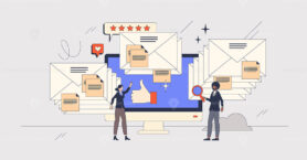 Digital mail campaigns as marketing communication retro tiny person concept