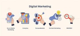 Digital marketing visual with hands, charts, and icons symbolizing analytics and engagement. Neubrutalism hands concept.