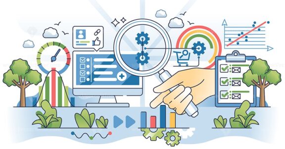 Digital marketing analytics tools or website monitoring outline hands concept