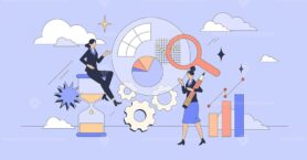 Digital marketing analytics tools software tiny person neubrutalism concept