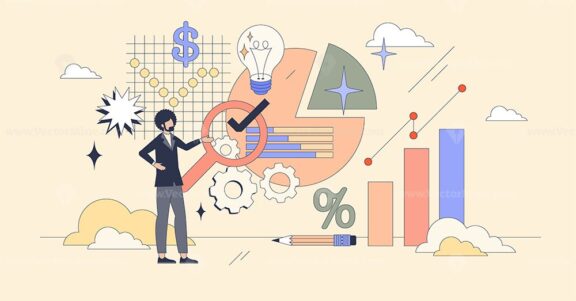 Digital marketing analytics and web tools tiny person neubrutalism concept