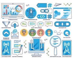 Digital marketing and customer online communication outline collection set
