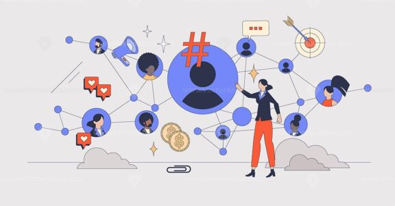 Digital marketing trends for commercials tiny person neubrutalism concept