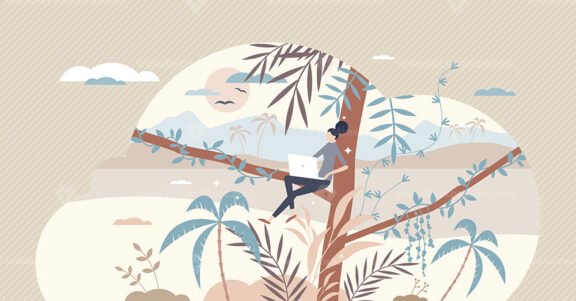 Digital nomad freelancer flexibility with work mobility tiny person concept