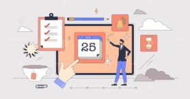 Digital planner for online task reminders tiny person neubrutalism concept
