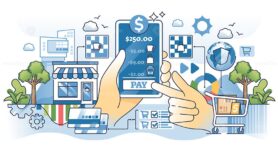 Digital wallets for money transfer and online shopping outline hands concept