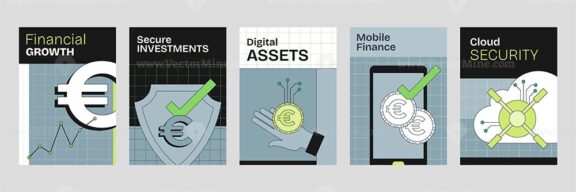 Digital wealth management is depicted with coins, graphs, and shields, symbolizing security and growth. Neubrutalism style
