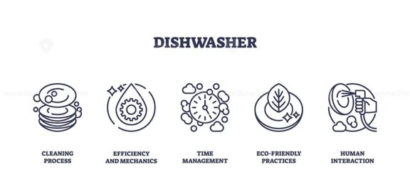 Dishwasher icons outline concepts of cleaning, efficiency, and eco-friendliness. Outline icons set.