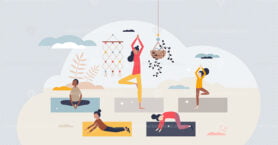 Diverse children meditating indoors with stretching tiny person concept