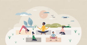 Diverse children meditation outdoors with stretching tiny person concept