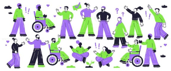 Diverse group engaging in playful activities, featuring people in wheelchairs and expressive gestures. Playful style