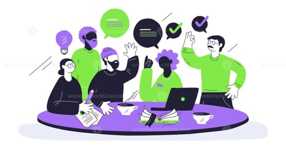 Diversity and inclusion are shown through diverse characters collaborating around a table with speech bubbles. Playful style